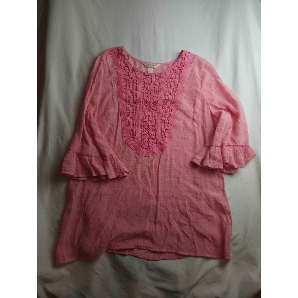 Krazy Kat Pink Crochet Lace Bib Ruffle Bell‎ Sleeve Blouse XL Boho Top